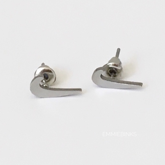 New Minimalist Nike Swoosh Silver Stainless Steel Earrings ~ Nike Stud Earrings - Picture 4 of 11